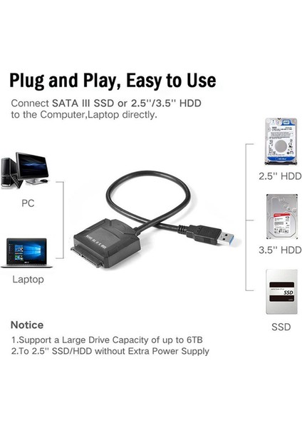 Sata Adaptör Kablosu USB 3.0 - Sata Dönüştürücü 2.5/3.5 Inç Fiş Yok (Yurt Dışından)