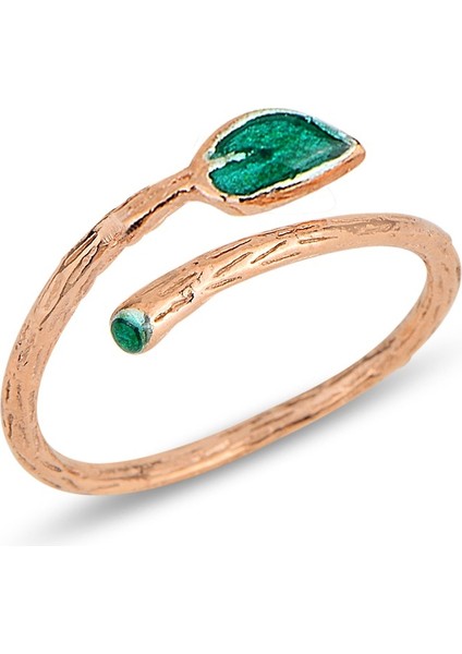 Gümüş Rose Mineli Yaprak Modeli Üstten Ayarlamalı Yüzük SGTL12820ROSE