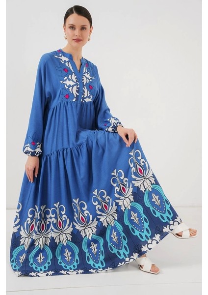 2423 Otantik Desenli Tesettür Elbise - F. Indigo