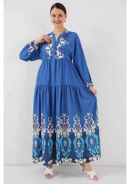 2423 Otantik Desenli Tesettür Elbise - F. Indigo fiyatları