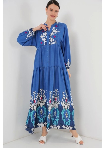 2423 Otantik Desenli Tesettür Elbise - F. Indigo modelleri