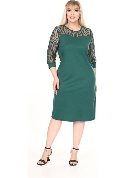 Flok Kol Büyük Beden Yeşil Elbise 30A-2660