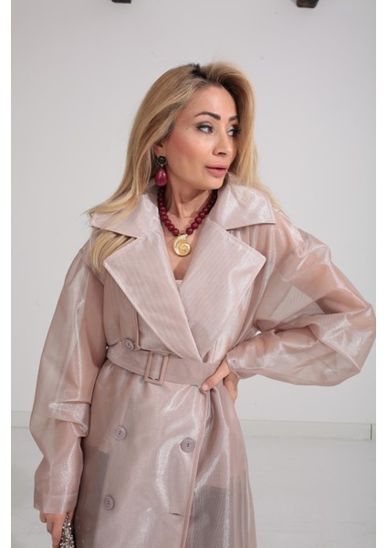 Cream & Rouge Kadın Oversize Kalıp Kuşaklı Organze Trençkot