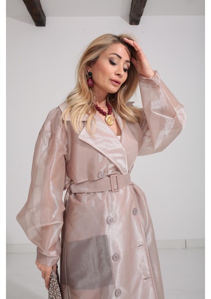 Cream & Rouge Kadın Oversize Kalıp Kuşaklı Organze Trençkot