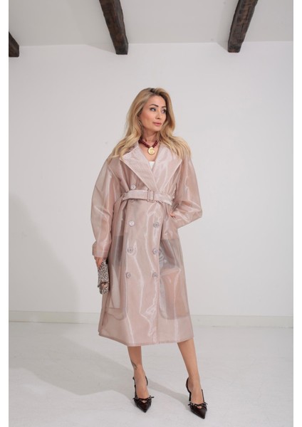 Cream & Rouge Kadın Oversize Kalıp Kuşaklı Organze Trençkot