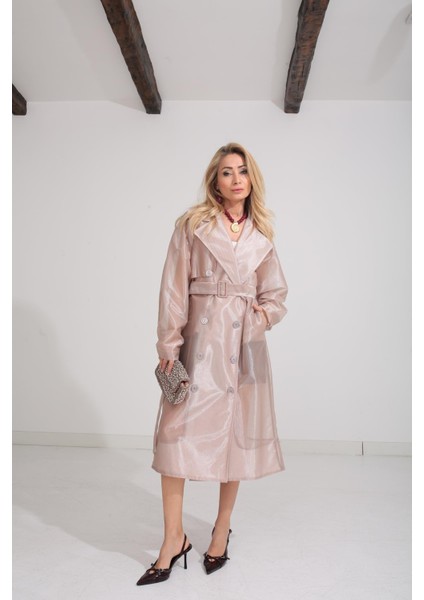 Cream & Rouge Kadın Oversize Kalıp Kuşaklı Organze Trençkot
