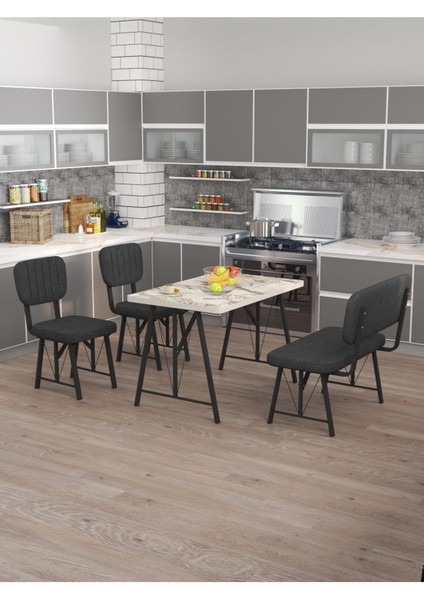 Hayat 70 x 110 Efes Mutfak Masası, Mutfak Masası Takımı, Yemek Masası, 2 Sandalye 1 Bench - Antrasit