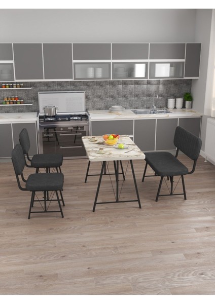 Hayat 70 x 110 Efes Mutfak Masası, Mutfak Masası Takımı, Yemek Masası, 2 Sandalye 1 Bench - Antrasit
