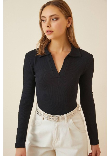 Polo Yaka Fitilli Kaşkorse Örme Bluz