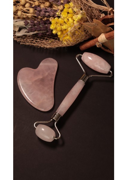Doğaltaş Pembe Kuvars Gua Sha Yüz Masaj ve Yüz Yogası Taşı Roller