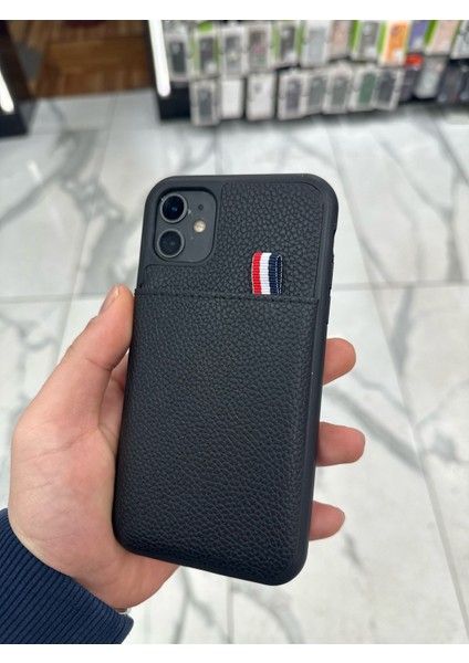 iPhone 11 Uyumlu Deri Kılıf Kartlıklı Kılıf Arkası Cüzdanlı Kılıf Kart Koymalı Kılıf Siyah