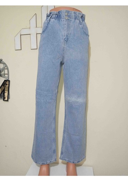 Lastik Belli Yüksek Bel Geniş Paça Kot Pantolon