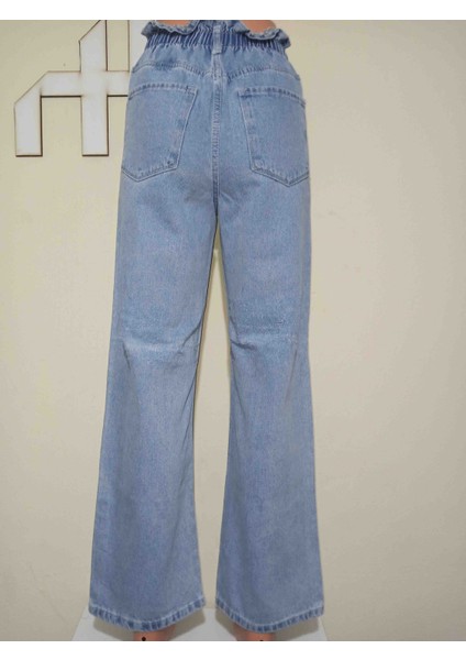 Lastik Belli Yüksek Bel Geniş Paça Kot Pantolon modelleri