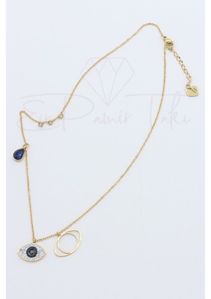 Altın Renk Lacivert ve Zirkon Taş Göz Çelik Kolye