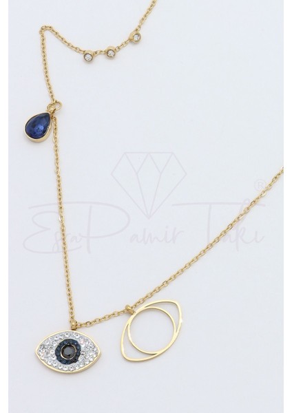 Altın Renk Lacivert ve Zirkon Taş Göz Çelik Kolye fiyatları