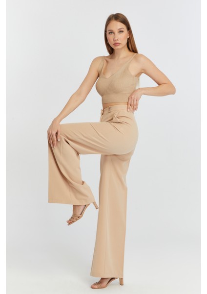 Vizon Palazzo Geniş Paça Dokuma Kumaş Pantolon