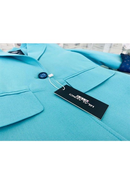 Kız Çocuk Renkli Blazer Ceket Düğmeli Geniş Paça Kot Pantolon 2'li Takım