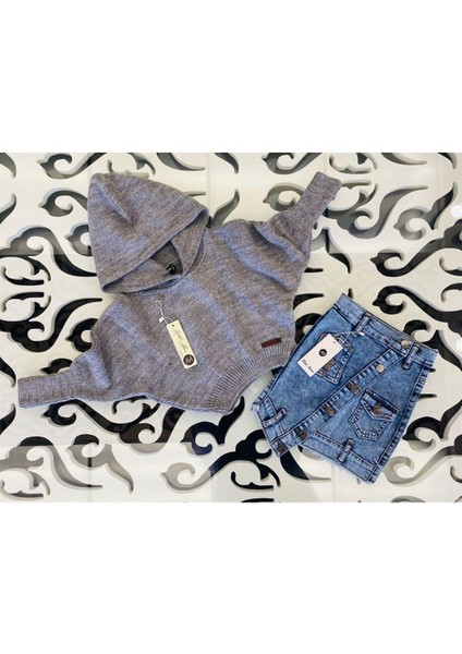 Kız Çocuk Kapüşonlu Triko Sweatshirt Asimetrik Kesim Kot Etek 2'li Takım