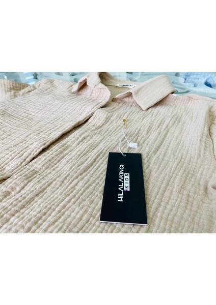 Kız Çocuk Askılı Crop Bluz Beli Lastik Detaylı Şort ve Rahat Kalıp Gömlek 3'lü Takım