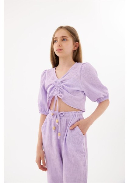 Kız Çocuk Büzgü Detaylı Bluz Beli Lastikli Harem Pantolon 2'li Takım
