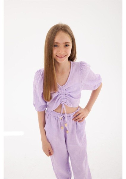 Kız Çocuk Büzgü Detaylı Bluz Beli Lastikli Harem Pantolon 2'li Takım