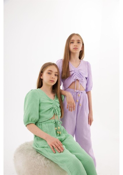 Kız Çocuk Büzgü Detaylı Bluz Beli Lastikli Harem Pantolon 2'li Takım