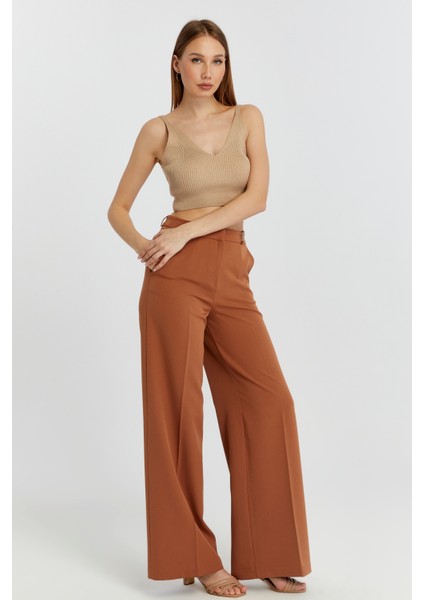 Taba Rengi Palazzo Geniş Paça Dokuma Kumaş Pantolon