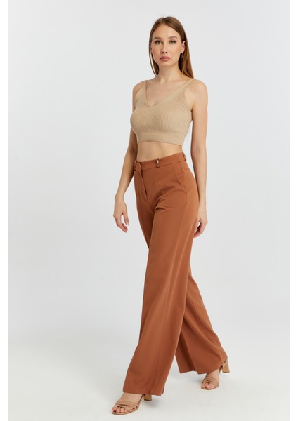 Taba Rengi Palazzo Geniş Paça Dokuma Kumaş Pantolon