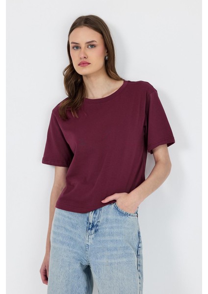 Bordo Bisiklet Yaka %100 Pamuk Relaxed Fit Tişört 2142M