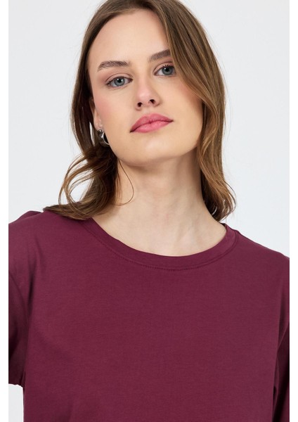 Bordo Bisiklet Yaka %100 Pamuk Relaxed Fit Tişört 2142M