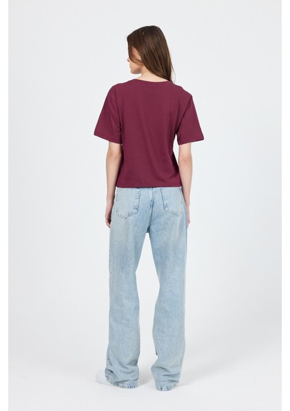 Bordo Bisiklet Yaka %100 Pamuk Relaxed Fit Tişört 2142M