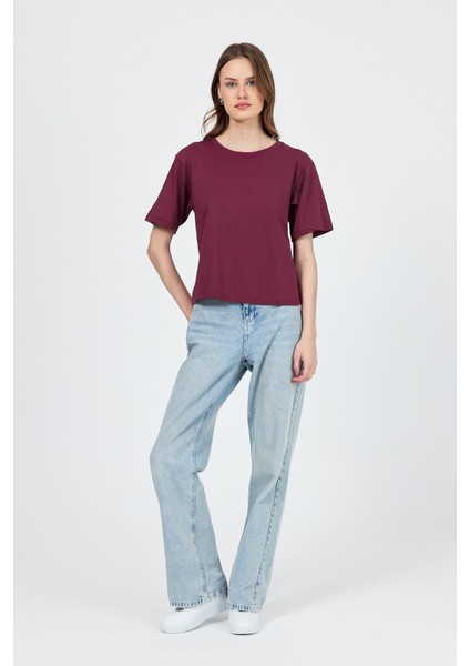 Bordo Bisiklet Yaka %100 Pamuk Relaxed Fit Tişört 2142M