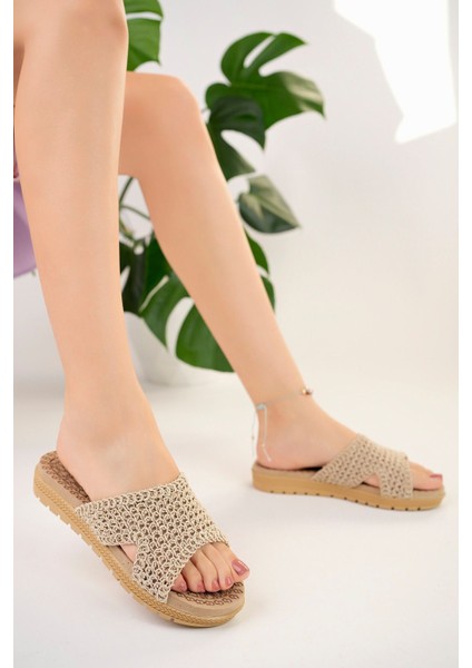 Kadın Dantel Detay Rahat Terlik Yeni Sezon Kalın Taban Örgü Nakışlı Yazlık Terlik