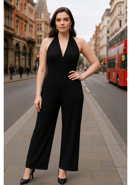 Kadın V Yakasırt Dekolteli Geniş Paça Sandy Kumaş Fırsat Ürün Tulum