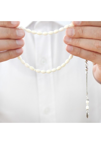 925 Ayar Gümüş Püsküllü Arpa Kesim Bilek Boy Deve Kemiği Tesbih