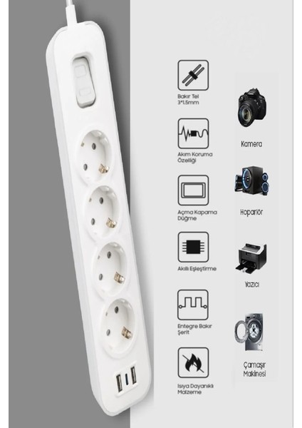 Akım Korumalı Grup Priz 4 Lü Priz + 2 USB + 1 Type-C, Anahtarlı, 1.5 Metre, Çocuk Korumalı