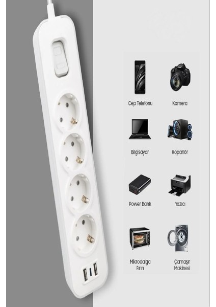 Akım Korumalı Grup Priz 4 Lü Priz + 2 USB + 1 Type-C, Anahtarlı, 1.5 Metre, Çocuk Korumalı