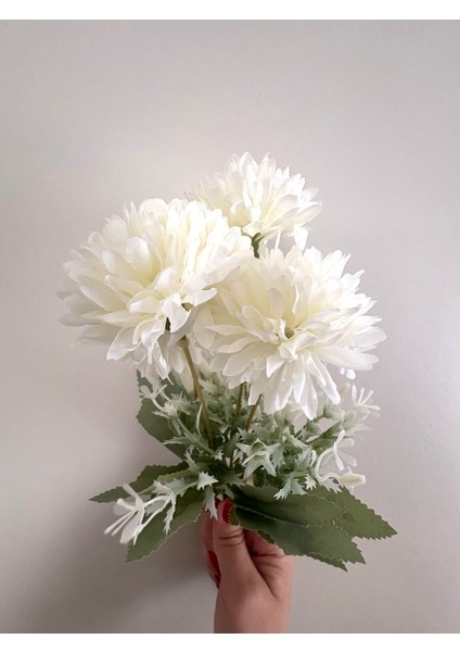 Yapay Çiçek Top Krizantem 7li Mini Kartopu Demeti 30 cm Beyaz