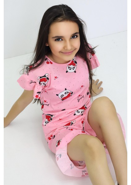Yazlık Kız Çocuk 3-8 Yaş Panda Baskılı Şortlu Takım Ikili Takım