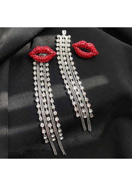 Parlak Kırmızı Dudak Uzun Püskül Damla Küpe Vintage Rhinestone Zincir Küpe Kadınlar Için Parti Takı (Yurt Dışından) modelleri