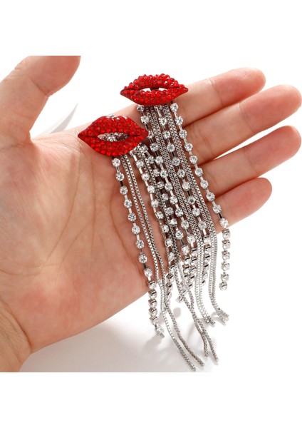 Parlak Kırmızı Dudak Uzun Püskül Damla Küpe Vintage Rhinestone Zincir Küpe Kadınlar Için Parti Takı (Yurt Dışından) fırsatları