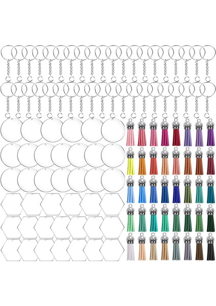160 Adet Akrilik Anahtarlık Boşlukları Zanaat Püskül Seti, Dıy Işçiliği Için Şeffaf Boş (Altıgen ve Yuvarlak) (Yurt Dışından)