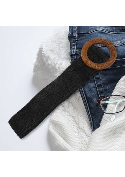 Saman Geniş Kemer Kadın Dokuma Vintage Yuvarlak Ahşap Toka Dekoratif Elbise Gömlek Siyah (Yurt Dışından) modelleri