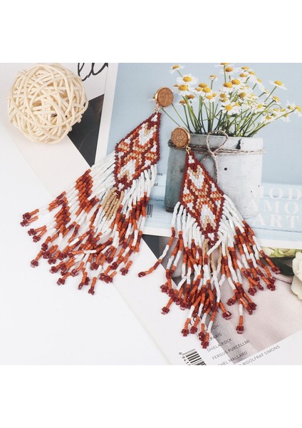 Bohemian Boncuklu Uzun Püskül Küpe Kadınlar Için El Yapımı Renkli Boncuk Bildirimi Dangle Etnik Takı Kırmızı (Yurt Dışından) modelleri