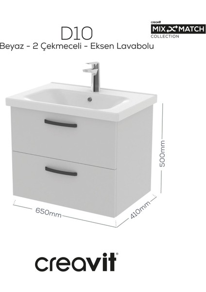 D20 65 cm Iki Çelmeceli Lavabo Dolabı Beyaz Melamin Kapak (Demonte)