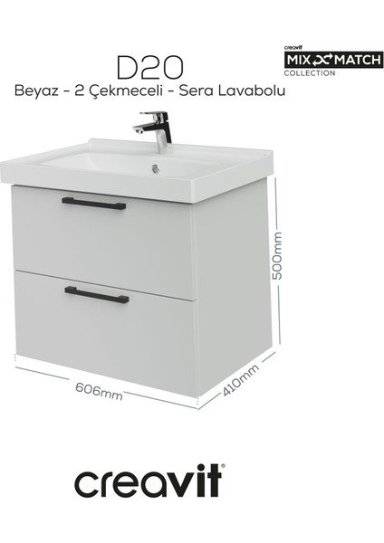 D20 65 cm Iki Çelmeceli Lavabo Dolabı Beyaz Melamin Kapak (Demonte) fiyatları