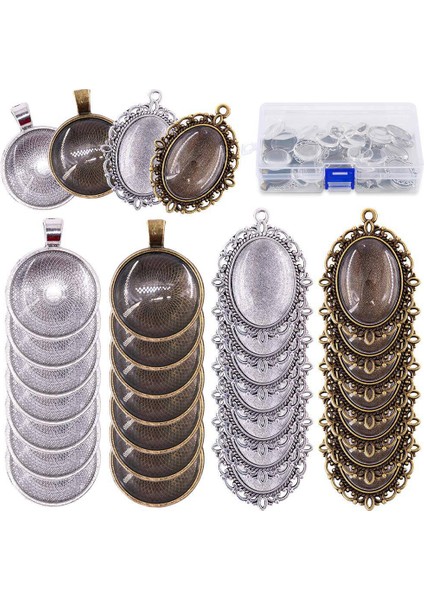 64 Parça Kolye Seti, 16 Adet Oval Tepsiler ve 16 Adet Yuvarlak Çerçeveler ile 32 Adet Cam Cabochon Temizle Kubbe Fayans Işçiliği Diy Takı Yapımı (Yurt Dışından)