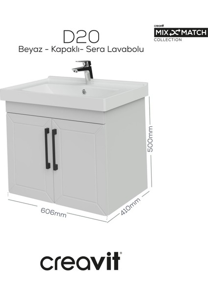 D20 65 cm Kapaklı Lavabo Dolabı Beyaz Lake