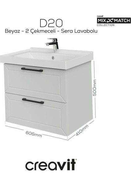 D20 65 cm Iki Çelmeceli Lavabo Dolabı Beyaz Lake Kapak
