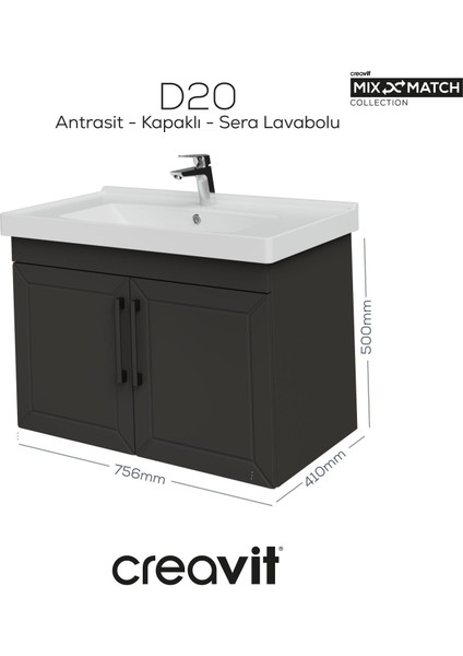 D20 80 cm Kapaklı Lavabo Dolabı Antrasit Lake Kapak